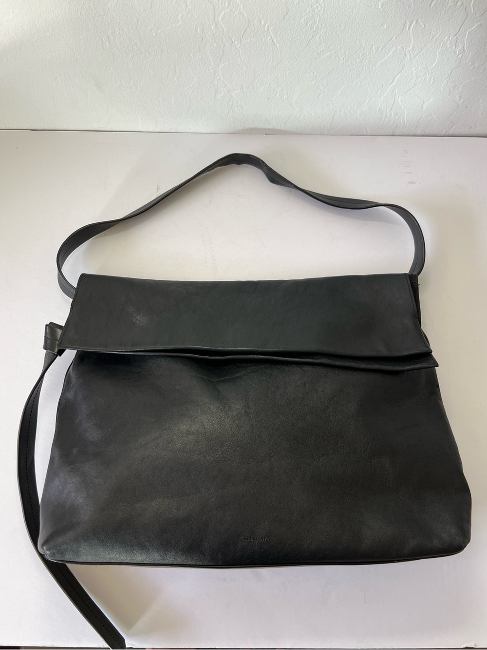 AllSaints Mori Lea Black Leather Bag Slouchy Fold Over Bag